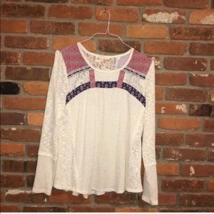 Boho Lace Trimmed Long Sleeve Top Size XL